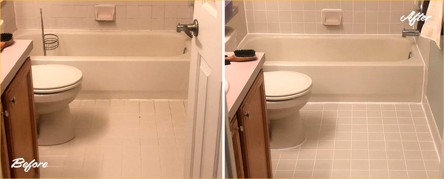 Side to Side Comparison of a Bathroom in Newtown, PA Before and After a Grout Cleaning Service