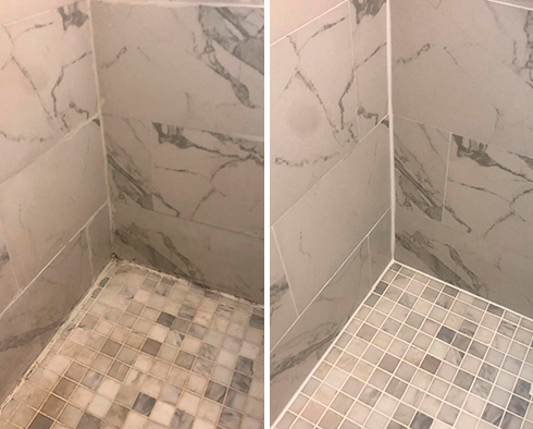 Before and After Image of a Marble Shower After a Stone Sealing on Southampton, PA