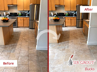 Picture of a Kitchen Floor Before and After a Grout Cleaning in Allentown, PA