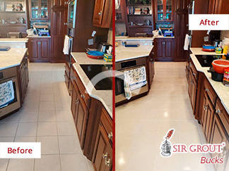 Before and After Image of a Kitchen Floor After Receiving a Superb Grout Sealing in Perkasie, PA