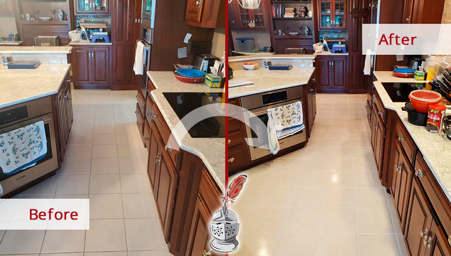 Before and After Image of a Kitchen Floor After Receiving a Professional Grout Sealing in Perkasie, PA