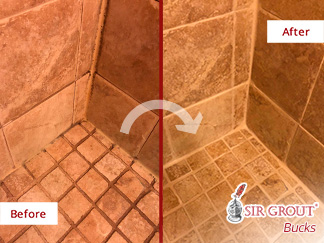 Before and After Image of a Shower After a Grout Sealing in Doylestown, PA