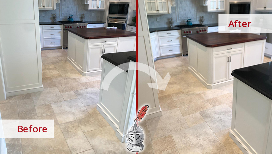 Before and after Picture of This Tile Kitchen Floor after a Grout Cleaning Service in Bridgewater, NJ