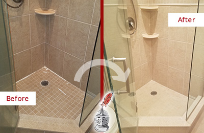 Before and After Picture of a Shower with Crumbling Caulking