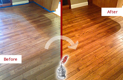 Sir Grout Refinished This Dull Gwynedd Valley Wood Floor with a Sand Free Refinishing Service to Recover Its Sheen Before and After Picture of a Gwynedd Valley Wood Sand Free Refinishing Service on a Dull Floor to Recover Its Sheen