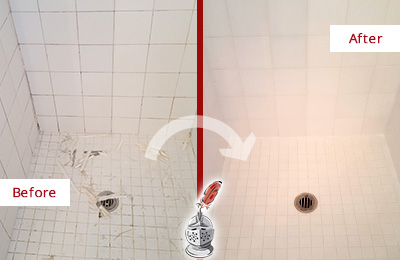 Before and After Picture of Grout Caulking on a Shower