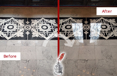 Before and After Picture of a Marble Floor Restored to Recover Its Shine