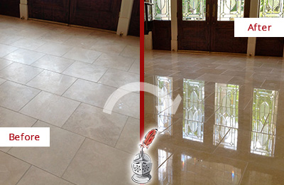 Before and After Picture of a Dull Travertine Floor Honed and Polished to a High Gloss