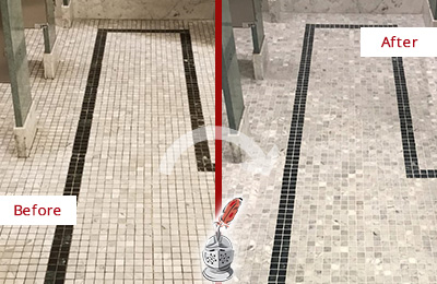 Sir Grout Bucks PA and West NJ Stone Cleaning Services Can Help Repair the Look of this Grimy Hospital's Restroom Before and After Picture of a Hospital Travertine Bathroom Floor Stone Cleaning Service