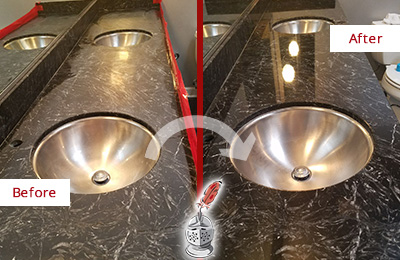Sir Grout Bucks PA and West NJ Stone Services Are Ideal for Enhancing Restrooms Marble Countertops and Keep Them Perfect All Year Round Picture of an Office Restroom's Marble Countertop Before and After Color Enhancement and Restoration