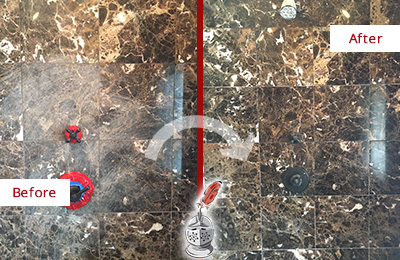 Sir Grout Hones and Polishes this Marble Shower Wall to Remove Scratches Before and After Picture of a Heavily Scratched Marble Shower Wall Honed and Polished to Matte Finish