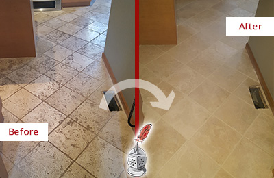 Sir Grout Hones and Polishes These Dirty Tumbled Marble Floors Before and After Picture of a Dirty Tumbled Marble Floor Honed and Polished to a Mate Finish