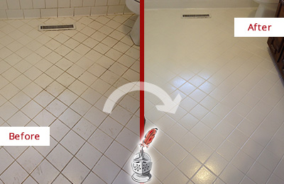Before and After Picture of Bathroom with Dirty Grout Recolored and Sealed to Remove Staining
