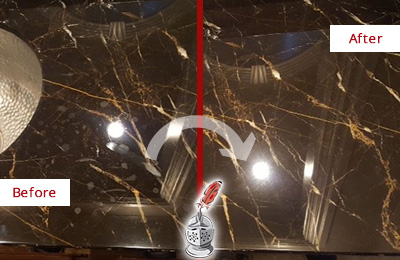 Before and After Picture of Brown Marble Countertop Sealed to Remove Water Marks