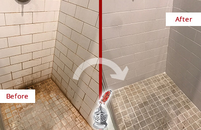 Before and After Picture of a Blawenburg Shower Tile and Grout Cleaned to Eliminate Mold and Stains