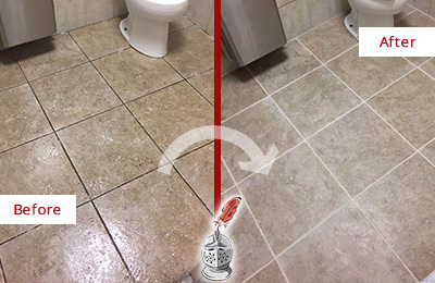 Sir Grout Cleans this Mont Clare Restroom Tile and Grout to Remove Soil Before and After Picture of a Mont Clare Restroom Tile and Grout Cleaned to Remove Soil