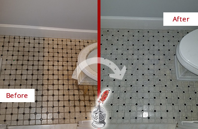 Sir Grout Cleans this Mont Clare Bathroom Tile and Grout Cleaned to Remove Stains Before and After Picture of a Mont Clare Bathroom Tile and Grout Cleaned to Remove Stains