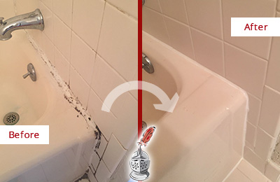 Before and After Picture of a Alburtis Bathroom Sink Caulked to Fix a DIY Proyect Gone Wrong