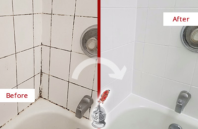 Before and After Picture of a Line Lexington Tub Caulked to Remove and Avoid Mold