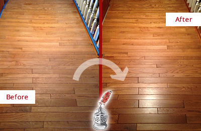 Sir Grout Refinished This Dull Hatfield Hallway Floor with a Sandless Refinishing Service Before and After Picture of a Hatfield Wood Sandless Refinishing Service on a Dull Hallway