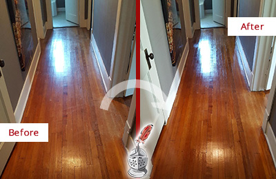 Sir Grout Refinished This Hatfield Wood Floor with a Sandless Refinishing Service to Eliminate Scratches Before and After Picture of a Hatfield Wood Sandless Refinishing Service on a Floor to Eliminate Scratches