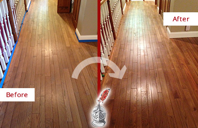 Sir Grout Refinished This Worn Out Hatfield Wood Floor with a Sandless Refinishing Service Before and After Picture of a Hatfield Wood Sandless Refinishing Service on a Worn Out Floor