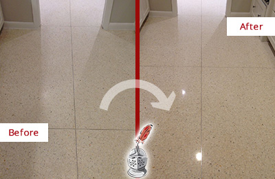 Sir Grout Polishes this Blooming Glen Granite Stone Floor to Repair Dullness Before and After Picture of a Blooming Glen Granite Stone Floor Polished to Repair Dullness
