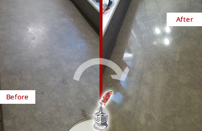 Before and After Picture of a Dull Gwynedd Limestone Countertop Polished to Recover Its Color