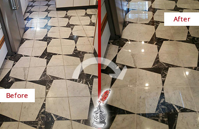 Sir Grout Polishes this Dull Blooming Glen Marble Stone Floor To Recover Its Luster Before and After Picture of a Dull Blooming Glen Marble Stone Floor Polished To Recover Its Luster