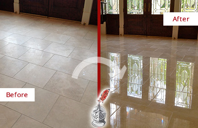 Sir Grout Polishes this Dull Blooming Glen Travertine Stone Floor to Recover Its Gloss Before and After Picture of a Dull Blooming Glen Travertine Stone Floor Polished to Recover Its Gloss