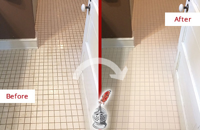 Before and After Picture of a Creamery Bathroom Floor Sealed to Protect Against Liquids and Foot Traffic