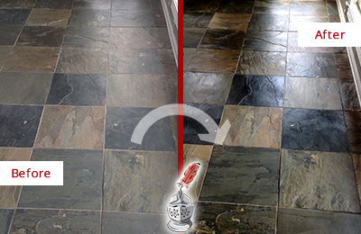 Sir Grout Seals this Dull Lederach Slate Floor to Bring Back Its Colors Before and After Picture of a Dull Lederach Slate Floor Sealed to Bring Back Its Colors
