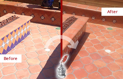 Sir Grout Seals this Dull Lederach Terracotta Patio Floor For UV Protection Before and After Picture of a Dull Lederach Terracotta Patio Floor Sealed For UV Protection