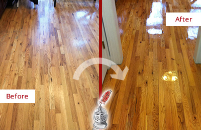 Sir Grout Restored This Worn Out Flourtown Hallway Floor with a Deep Cleaning Service Before and After Picture of a Flourtown Wood Deep Cleaning Service on a Worn Out Hallway