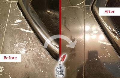 Before and After Picture of a Belle Mead Marble Countertop Cleaned to Remove Deep Dirt