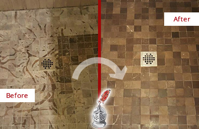 Sir Grout Cleans this Stained Narberth Shower Marble Floor to Remove Etch Marks Before and After Picture of a Stained Narberth Marble Shower Floor Cleaned to Remove Etching