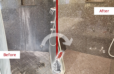 Sir Grout Cleans this Narberth Granite Shower to Remove Mineral Deposits Before and After Picture of a Narberth Granite Shower Cleaned to Remove Mineral Deposits