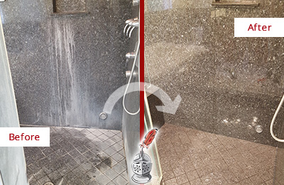 Before and After Picture of a Lebanon Granite Shower Stone Sealed to Avoid Mineral Deposits