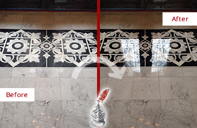 Sir Grout Seals the Stone of this Gwynedd Valley Marble Floor to Recover Its Sheen Before and After Picture of a Gwynedd Valley Marble Stone Sealed to Recover Its Sheen