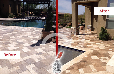 Sir Grout Seals the Stone of this Gwynedd Valley Travertine Patio Stone for Extra Protection Before and After Picture of a Gwynedd Valley Travertine Patio Sealed Stone for Extra Protection