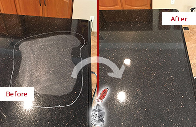 Sir Grout Hones this Harleysville Granite Kitchen Countertop to Eliminate Scratch Before and After Picture of a Harleysville Granite Kitchen Countertop Honed to Eliminate Scratch