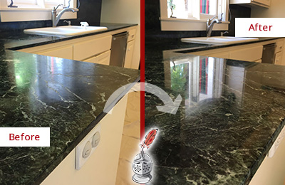 Sir Grout Hones this Harleysville Marble Kitchen Countertop to Remove Water Marks Before and After Picture of a Harleysville Marble Kitchen Countertop Honed to Remove Water Marks
