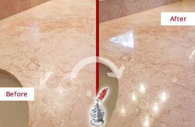 Sir Grout Hones this Harleysville Marble Vanity Top to Eliminate Water Spots Before and After Picture of a Harleysville Marble Vanity Top Honed to Eliminate Water Spots