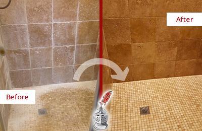 Before and After Picture of a Levittown Travertine Shower Honed to Remove Mineral Deposits