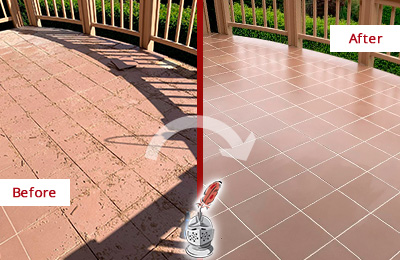 Before and After Picture of a Sergeantsville Hard Surface Restoration Service on a Tiled Deck