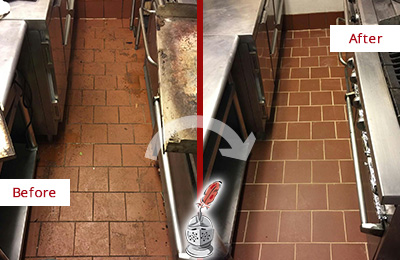 Before and After Picture of a Plymouth Meeting Hard Surface Restoration Service on a Restaurant Kitchen Floor to Eliminate Soil and Grease Build-Up