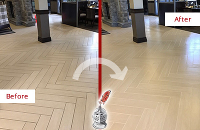 Sir Grout Cleans the Grout on this Jenkintown Lobby Floor Before and After Picture of a Jenkintown Lobby Floor Cleaned to Even the Grout Color