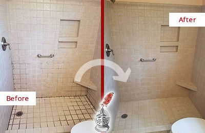 Before and After Picture of a Franklin Park Shower Grout Cleaned to Remove Mold