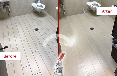 Before and After Picture of a Holicong Office Restroom's Grout Cleaned to Remove Dirt