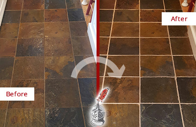 Sir Grout Cleans the Grout on this Jenkintown Slate Floor Before and After Picture of Jenkintown Slate Floor Grout Cleaned to Remove Dirt